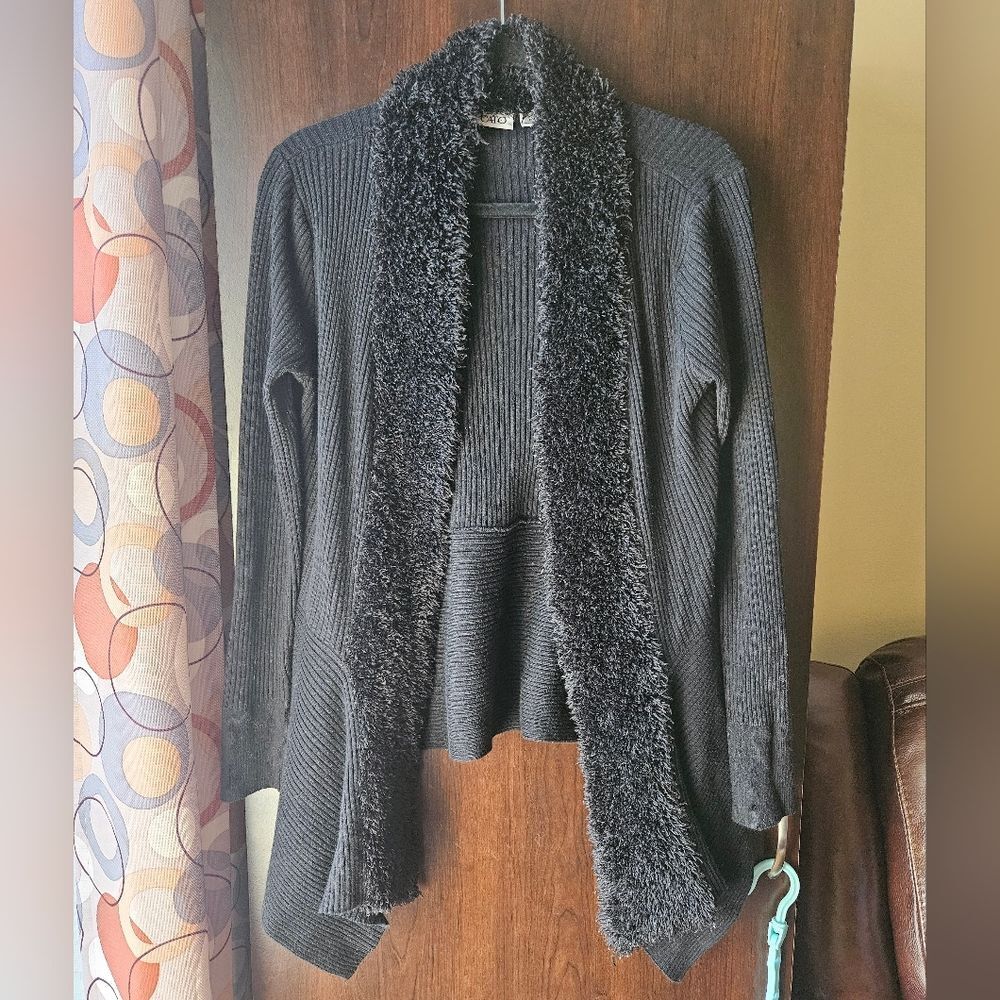 Cato Black Fuzzy Trim Open Front Cardigan